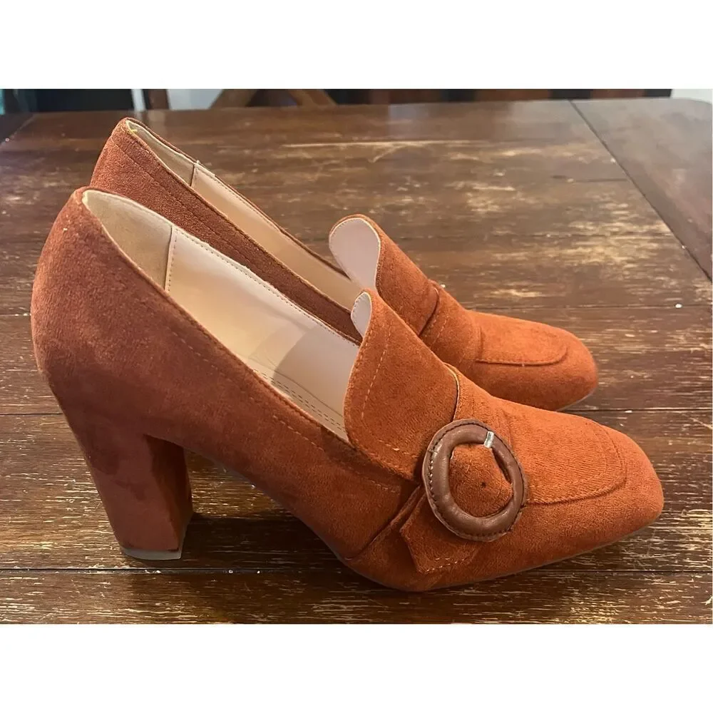 YDN Women Chunky High Heels Square Toe Loafers Shoes Slip On Suede